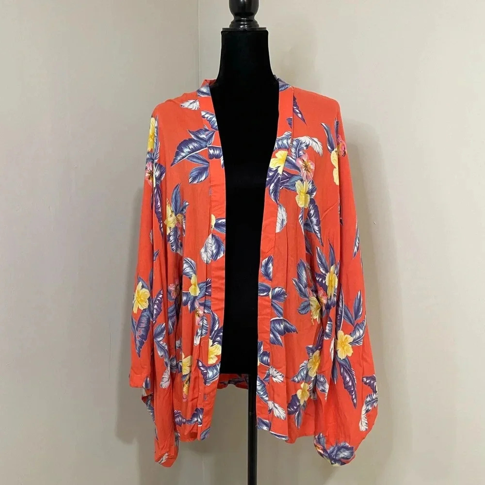Style Envy Colorful Tropical‎ Hibiscus Print Open Front Kimono Cardigan Topper